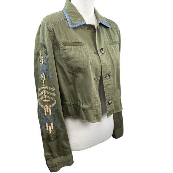 Anthropologie HEI HEI Army Green‎ Embroidered Cropped Shirt Jacket Size XS - Picture 1 of 5